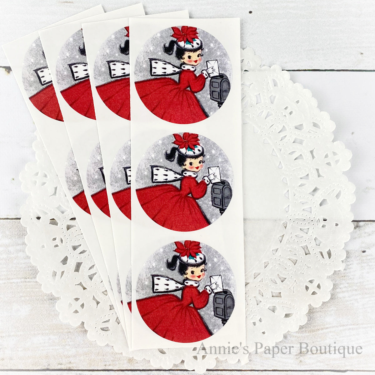 Holiday mail stickers with little girl in red dress next to mailbox