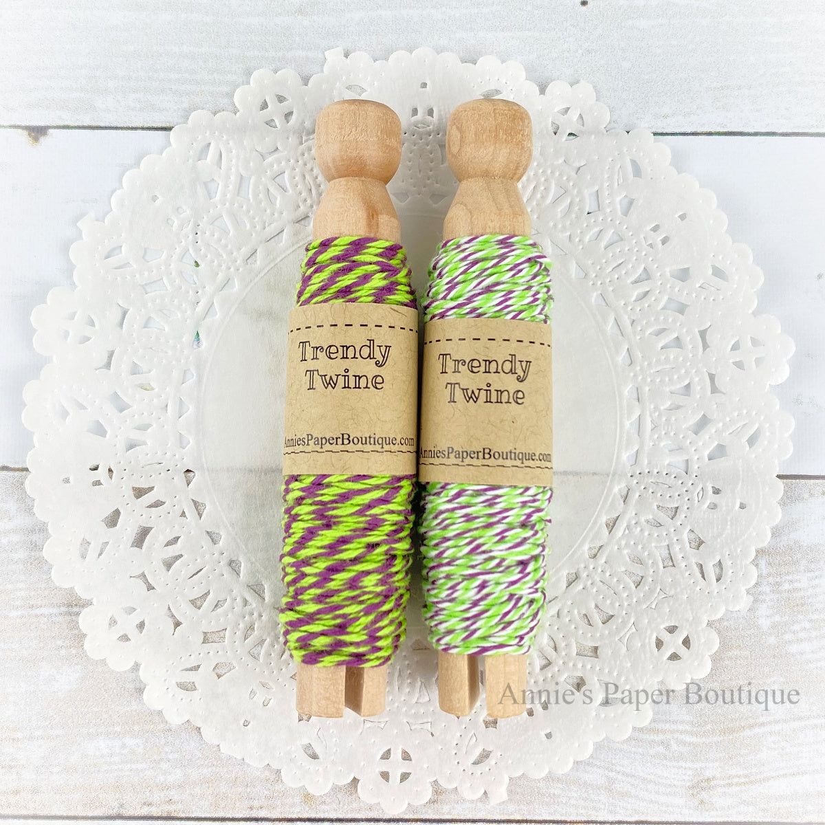 Limeade Grape Duo Trendy Twine Sampler. Lime, purple, and white twine on a wooden clothespin.