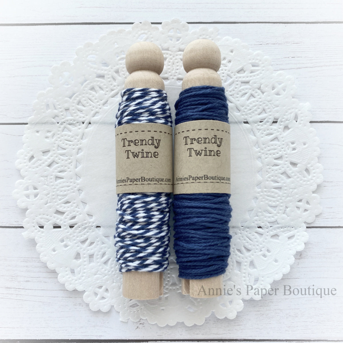 Navy Trendy Twine Sampler - White and Blue twine wrapped on wooden clothespins