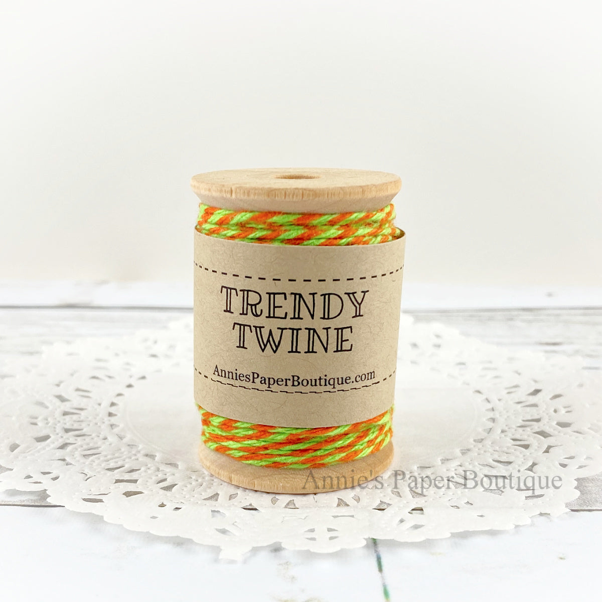 Orange Limeade Petite Trendy Twine. Orange and Lime Green string on a wooden spool.