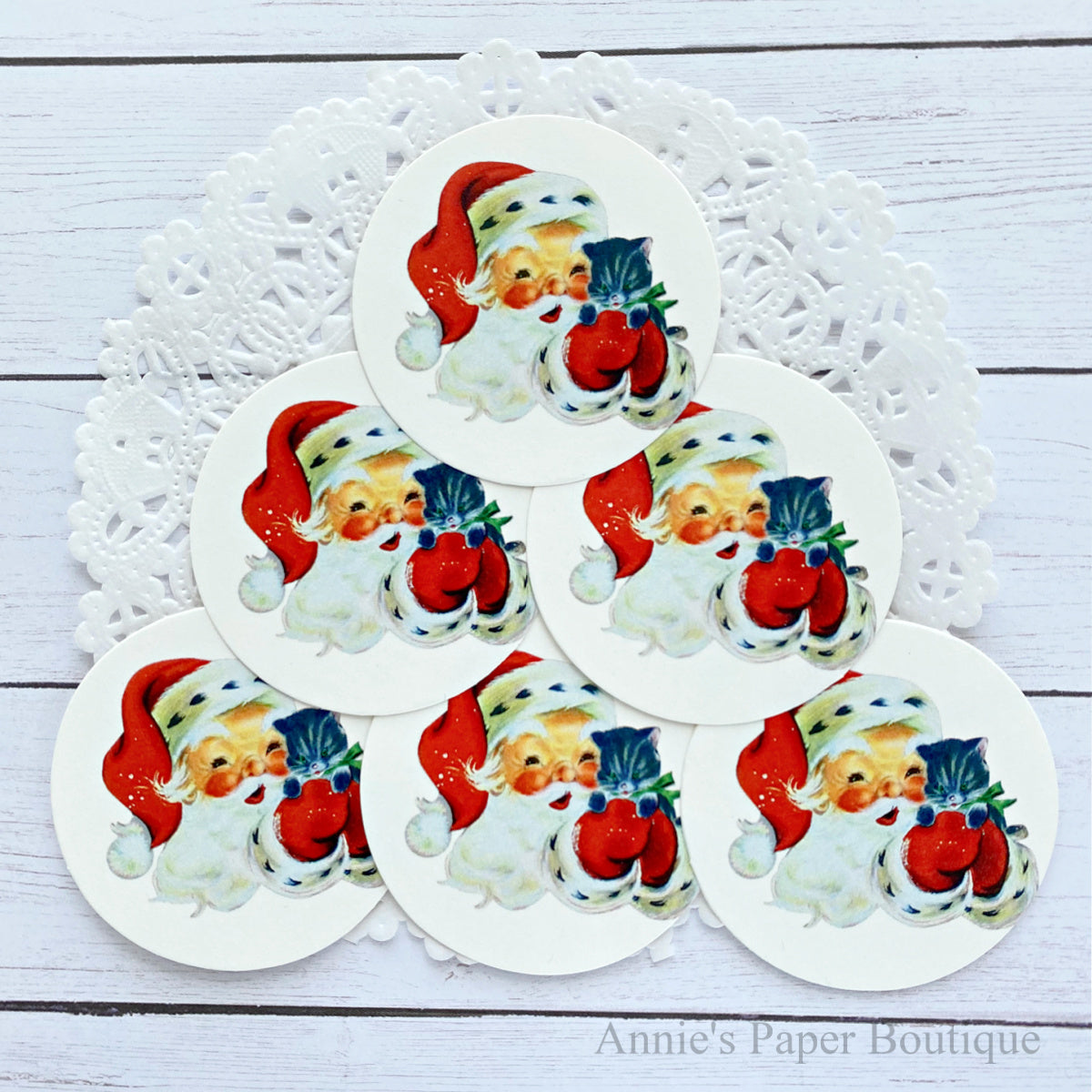 Round Santa and Kitty Retro Tags