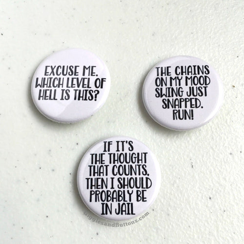 Which Level of Hell; Mood Swing; I Should Probably Be in Jail - Pinback Buttons