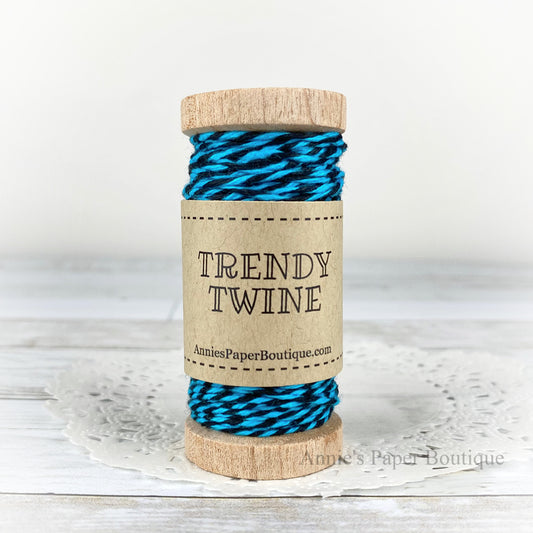 Aqua and black cotton craft twine wrapped around a wooden spool sitting on a white background.