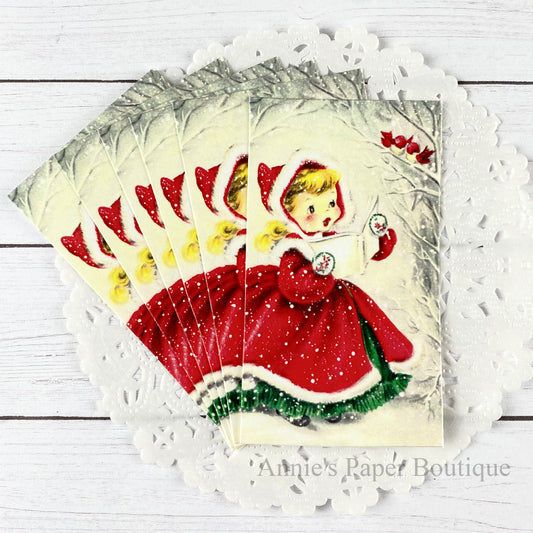 Caroling with Birds Vintage Inspired Tag - Little Girl with Red Birds