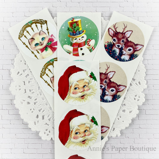 Christmas Vintage Inspired Stickers - Snowman, Santa, Reindeer, Cat