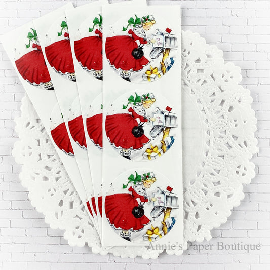 Christmas Mail Stickers. Girl in red dress by mail box.