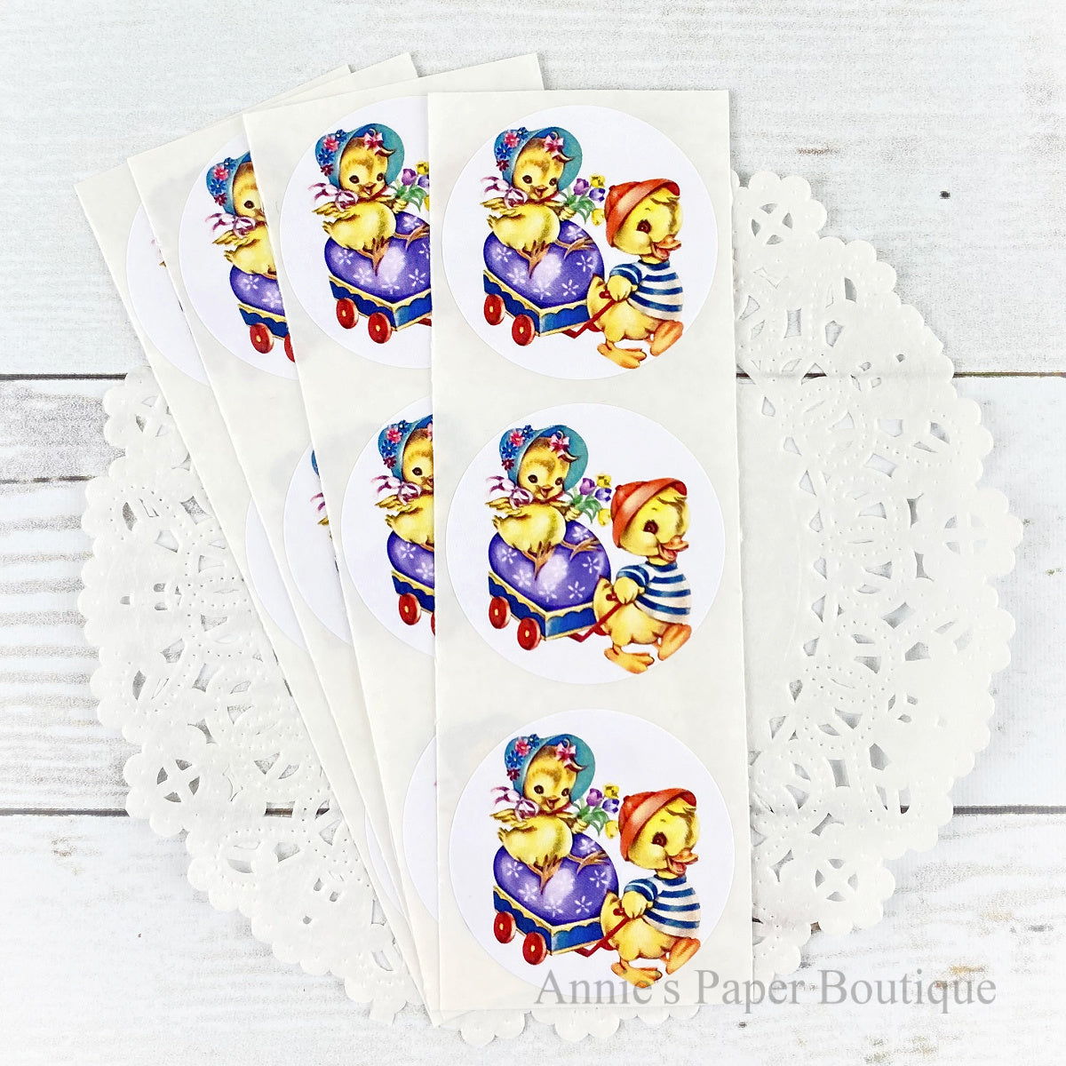 Easter Friends Retro Stickers with a Duck and Chick in a Wagon