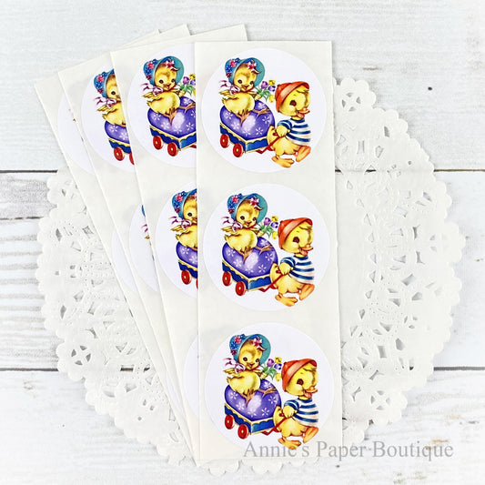 Easter Friends Retro Stickers with a Duck and Chick in a Wagon