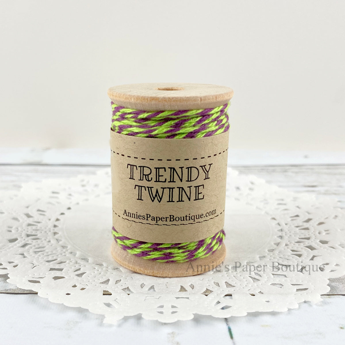 Grape Limeade Petite Trendy Twine. Purple and Lime String on a wooden spool.