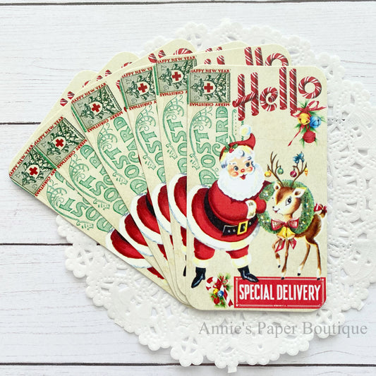 Santa and reindeer vintage style christmas tag