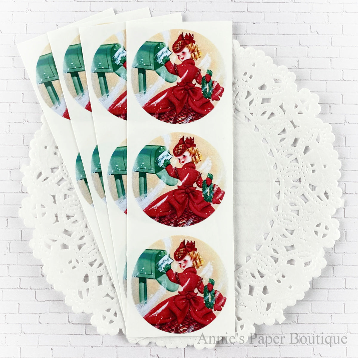 Holiday Happy Mail Stickers. Girl in red dress by mail box.
