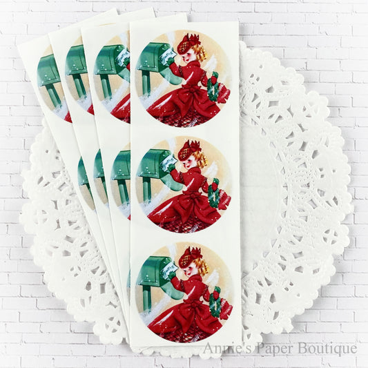 Holiday Happy Mail Stickers. Girl in red dress by mail box.