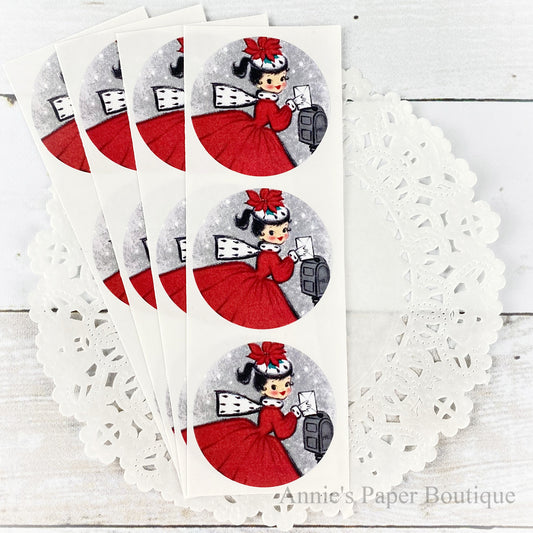 Holiday mail stickers with little girl in red dress next to mailbox