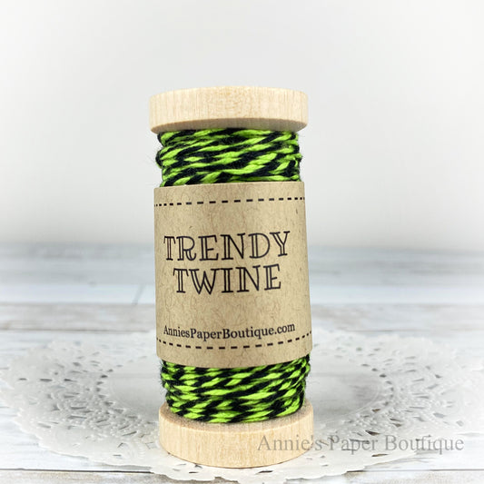 Lime Licorice Trendy Twine. Lime and black string on a wooden spool.