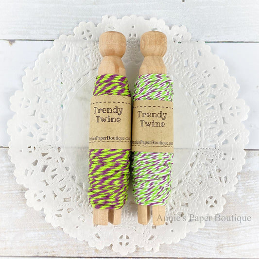 Limeade Grape Duo Trendy Twine Sampler. Lime, purple, and white twine on a wooden clothespin.