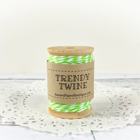 Limeade Petite Trendy Twine. Lime green and white string on a wooden spool.