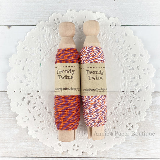 Orangesicle Grape Trendy Twine Duo. Orange and Purple twines on a wooden clothespin.