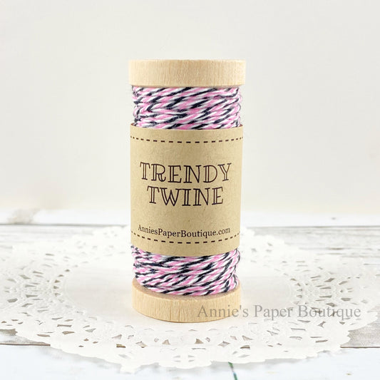 Pink Midnight Petite Trendy Twine - pink, white, and black twine on wooden spool.
