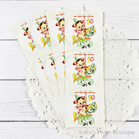 Puppy Carousel Vintage Inspired Stickers - Dog on Horse