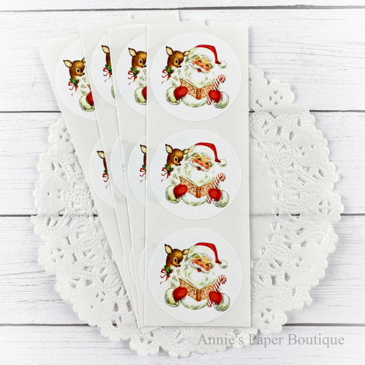 Reindeer and Santa Vintage Inspired Round Stickers