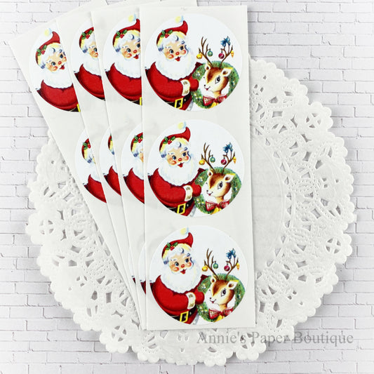 Santa and Reindeer with Christmas Wreath Vintage Inspired Stickers