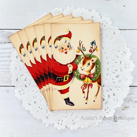 Santa Reindeer Wreath Vintage Inspired Tags