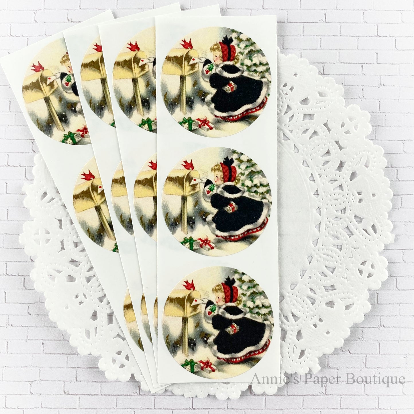 Christmas Delivery Stickers. Little girl at mail box.