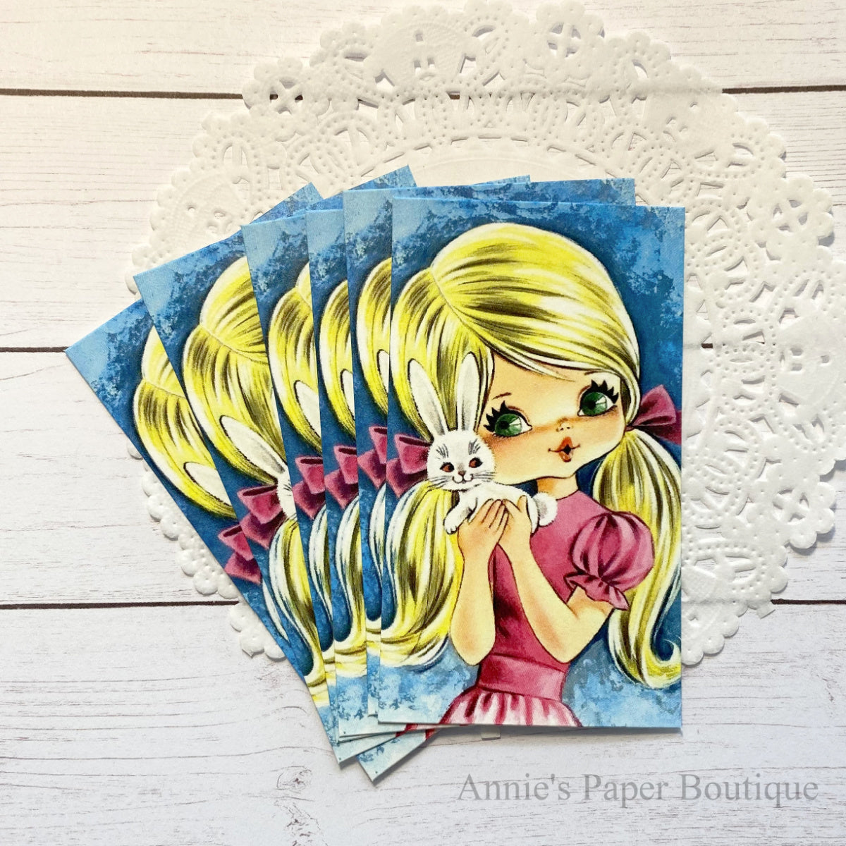 Big Eyed Girl with Bunny Retro Tags