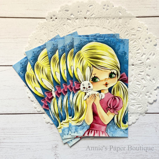 Big Eyed Girl with Bunny Retro Tags