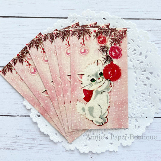 Christmas Kitty and Tree Ornaments Retro Tags
