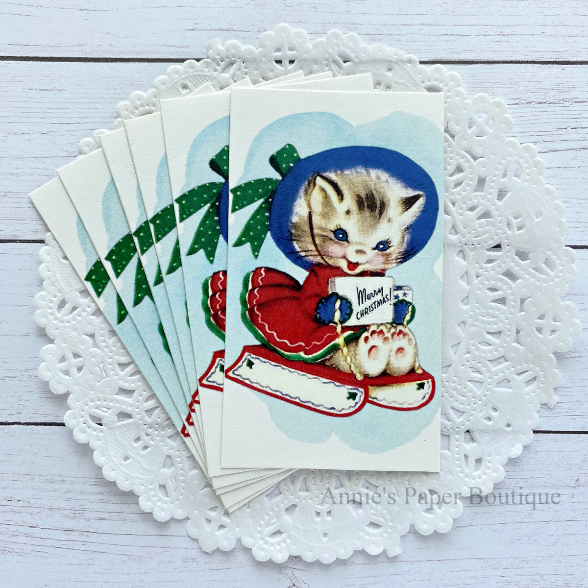 Christmas Kitty Sledding Retro Tags