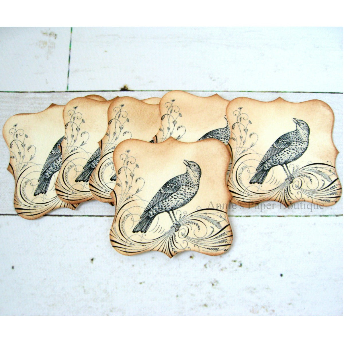 Flourish Bird Bracket Tags with Inked Edges