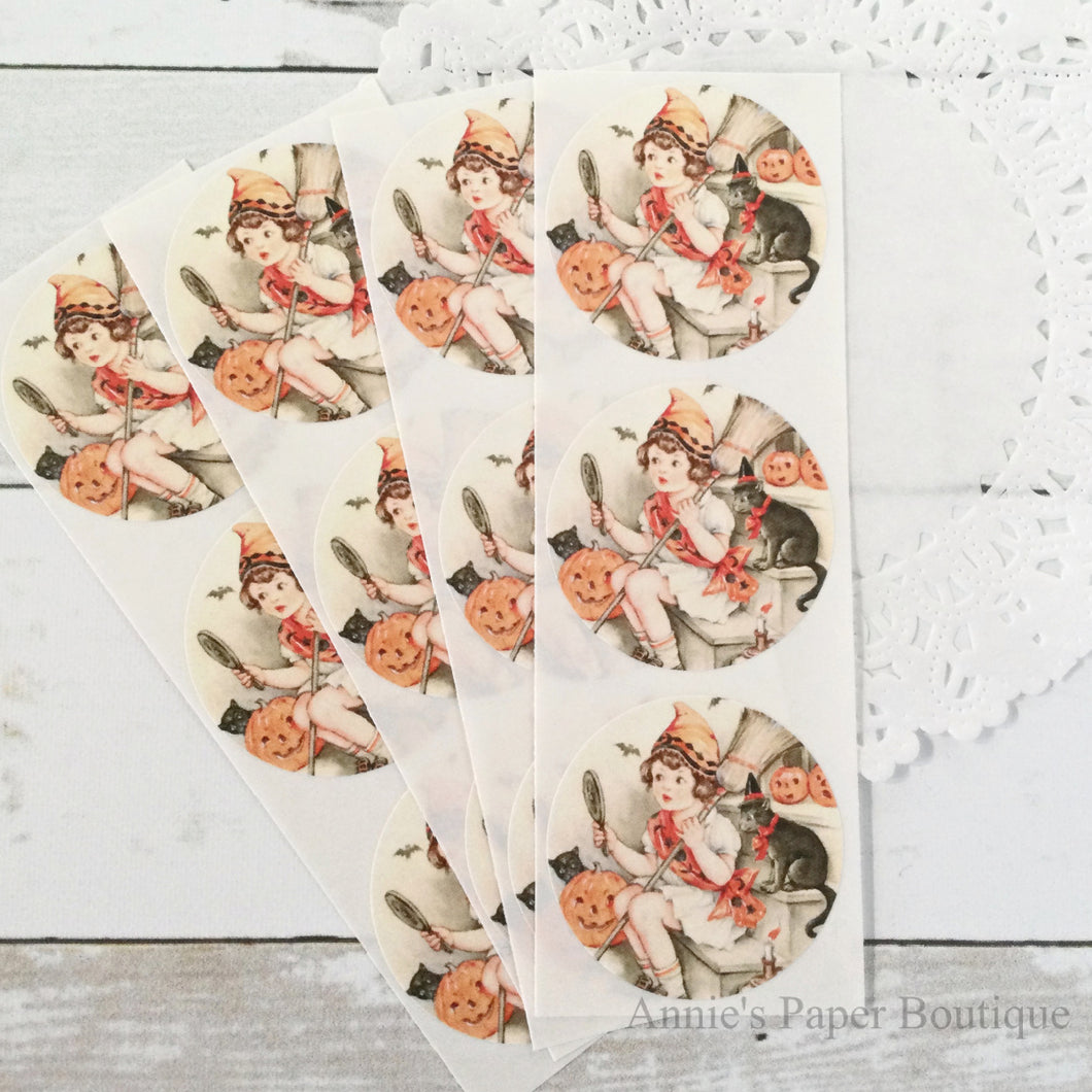 Girl & Cats Vintage Inspired Stickers - Halloween