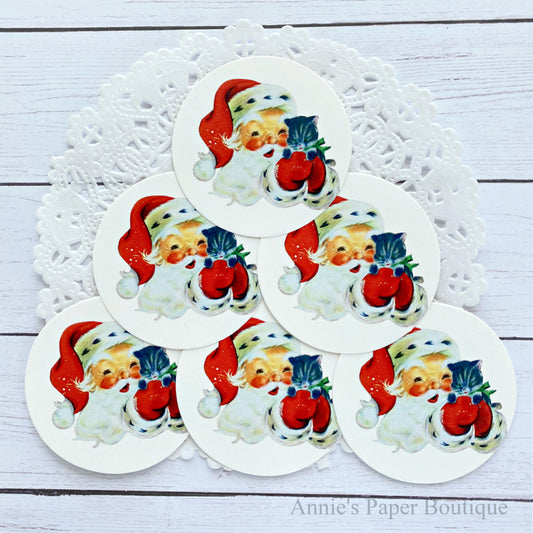 Round Santa and Kitty Retro Tags