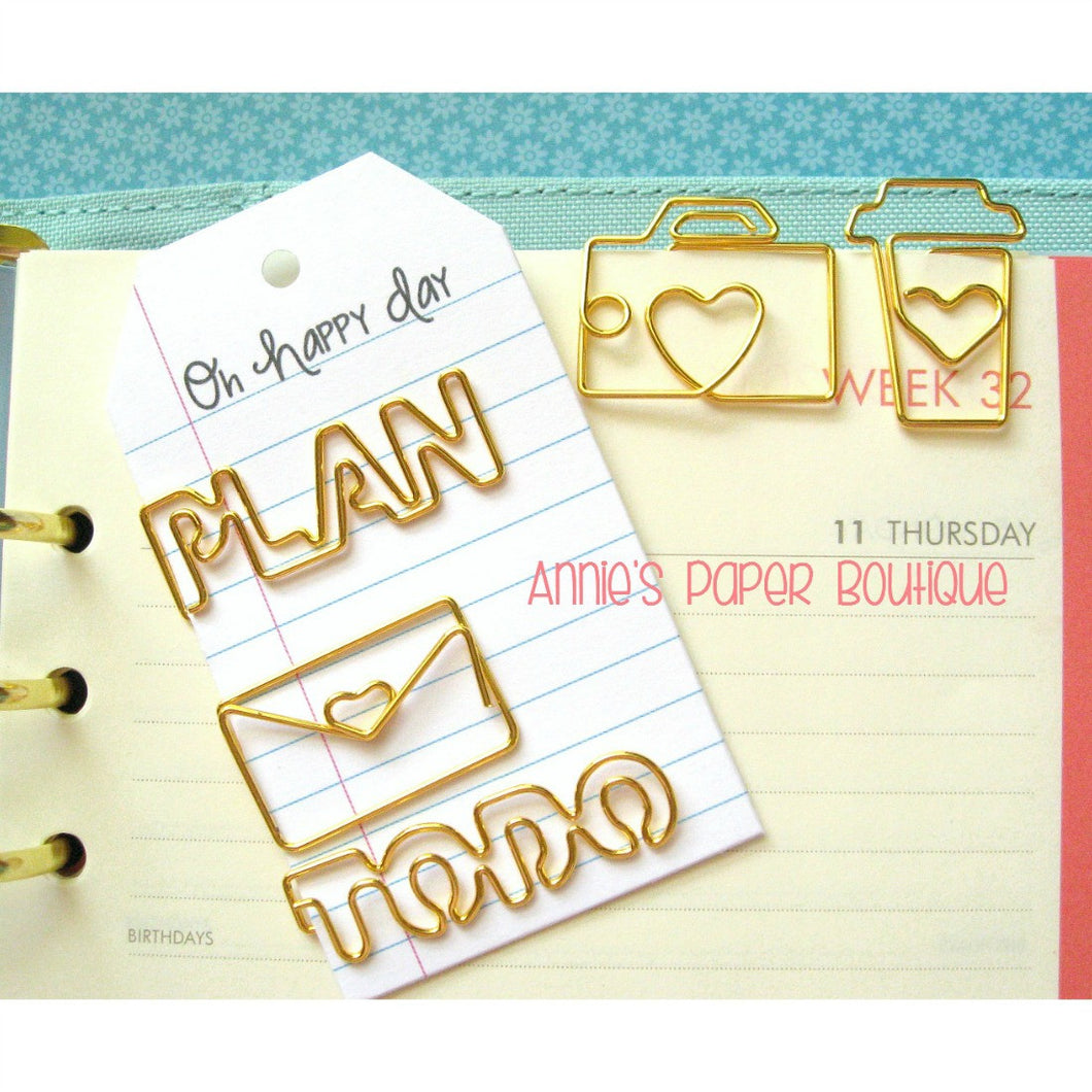 Set - Camera, Coffee, Love Letter, Plan, & To Do Planner Paper Clips