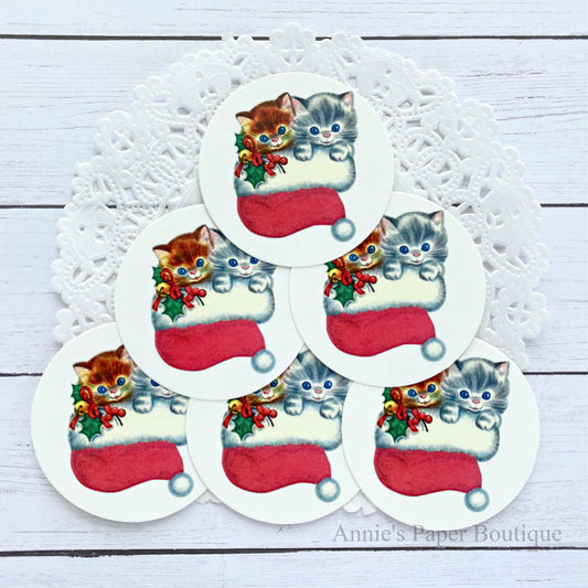 Round Christmas Kitty Duo Retro Tags
