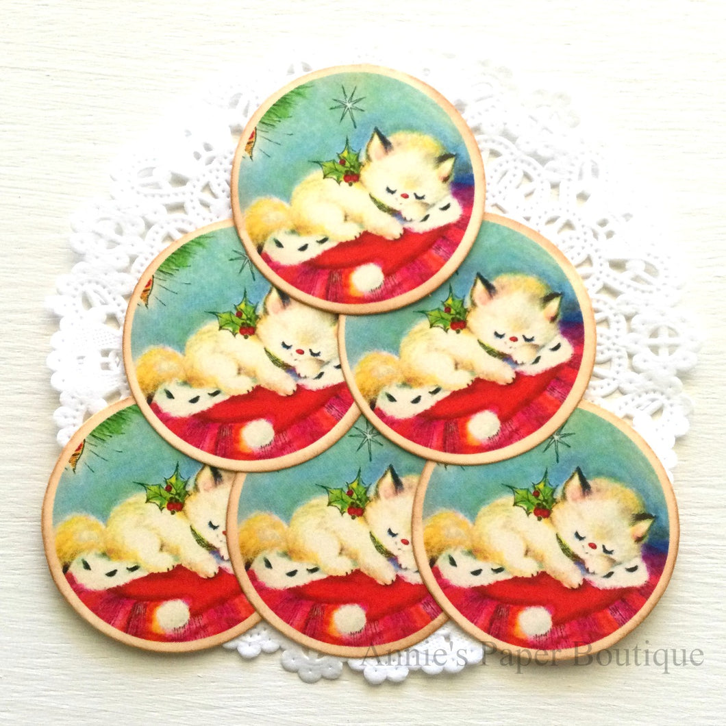 Round Sleeping Christmas Kitty Vintage Inspired Tags