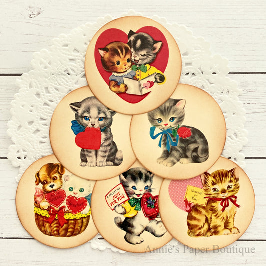 Round Valentine Kitties Vintage Inspired Tags - Bundle No.1